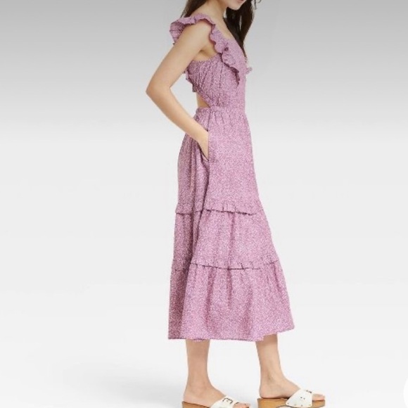 NWT Purple Floral Cottagecore Cut Out Back Midi Dress - Picture 4 of 17